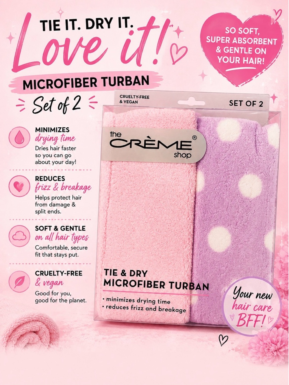 The Crème Shop Tie & Dry Microfiber Turban Set of 2